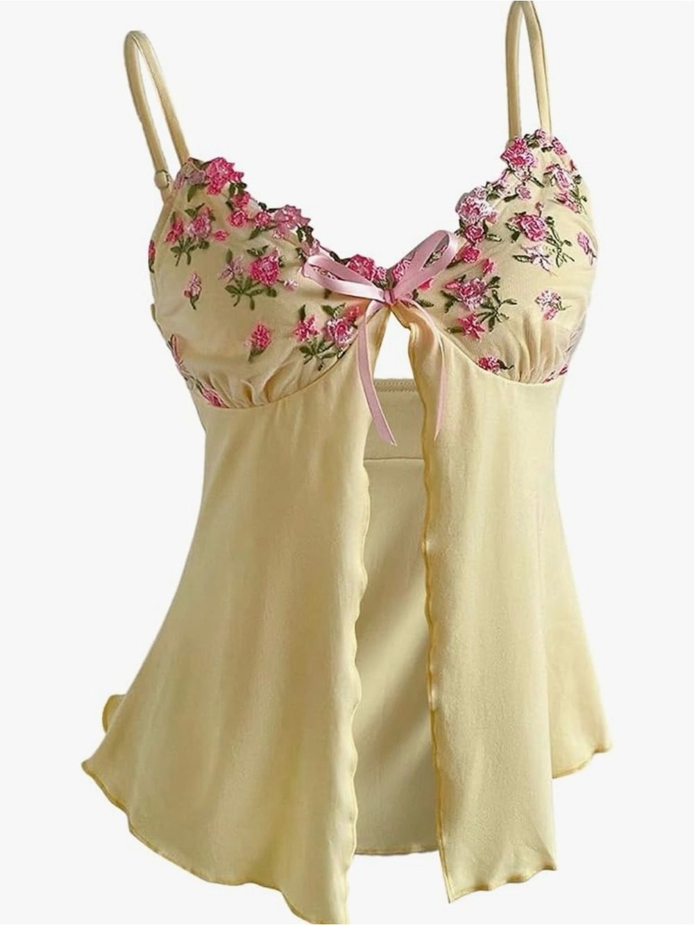 y2k esc Yellow Floral Embroidered Satin Babydoll with Pink Ribbon
